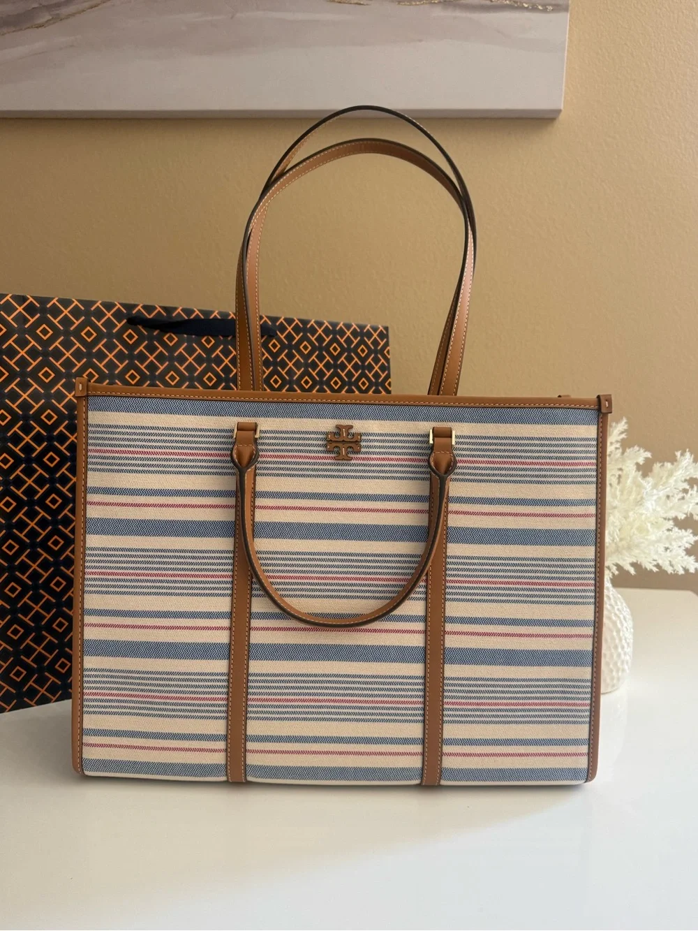 NWT, tory burch blake stripe canvas jumbo large tote multi walnut $550